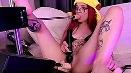 sexy redhead cums hard from two machines vibrator