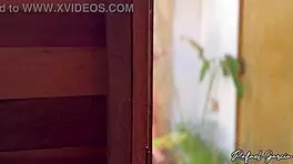 Teen brunette takes shower outdoors naked