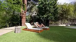 Slutty British Babe Sunbathes Naked and Sucks Cock