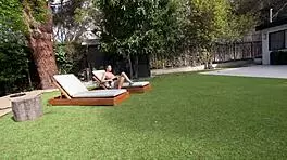 Slutty British Babe Sunbathes Naked and Sucks Cock