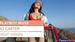 cute asian babe kj carter flashes tiny tits and exotic pussy in car