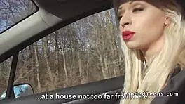 Red-Lipped Blonde Sucks in Car