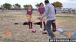 Soccer teammates avery black, coco lovelock, and diana grace seduce their resting coach with naughty licks and rides on the sofa