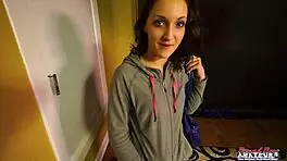 Skinny Brunette Cutie Ryann Sucks And Strokes Hard Dick To Swallow Cum