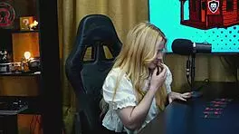 blonde bends over podcast table as tiny panties reveal her soaked pussy