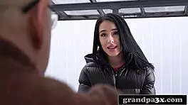 Old guy pounds young brunette till she orgasms hard from pussy fucking.