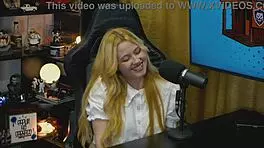 blonde bends over podcast table as tiny panties reveal her soaked pussy