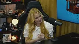 blonde bends over podcast table as tiny panties reveal her soaked pussy
