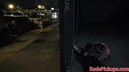 Petite glasses teen bound outdoors sucks then rides cock hard