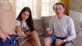 Young brunette wife rides old bull cowgirl while cuckold watches her deepthroat and squirt