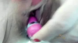 sexy russian milf jerks hairy pussy close-up moaning cums on husband's face