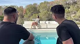 Pool girl squirts craving two huge Spanish cocks