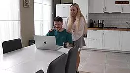 busy husband ignores wife cheating with plumber in kitchen pov