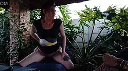 muscular stud watches skinny babe finger herself with fruit