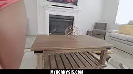 Horny guy feels stepsister's gloved hand stroking his thick throbbing cock