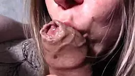 wet babe sucks foreskin deep pov closeup with lipstick