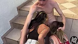 naughty wife invites friend to show femdom footjob on small cock hubby