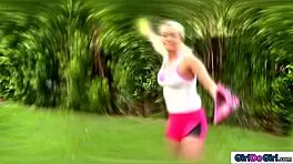 busty blonde babe tries out for soccer team