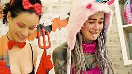 Anuskatzz and Stacy Bloom's Halloween anal toy lesbian licking frenzy