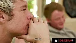 cuckold dude watches his petite blonde ride monster cock doggystyle right in front