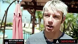 cuckold dude watches his petite blonde ride monster cock doggystyle right in front