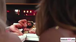 Big tits lesbian girlfriend squirts from intense dovefucking tribbing