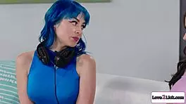 busty brunette sneaks licks on her gamer girlfriend's shaved pussy during playtime