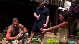 two gardeners spitroast sexy asian teen with double penetration and facials