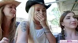 brunette teen rides throbbing cock as bffs lick her wet pussy and finger eagerly