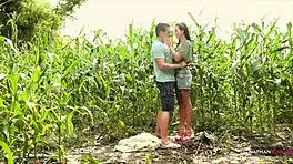 sassy mia drops to her knees in the cornfield, slurping cock before bending for deep pussy and ass worship