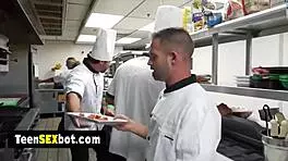 Hey waitress, ready for the staff to gangbang your tight holes on cam?