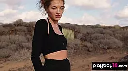 Extra skinny russian brunette poses nude outdoor