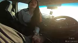 slutty coworker slurps huge cock pov in car swallows mouthful cum public outdoor cfnm