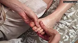 Oiled Virgin Pussy Lips and Feet Get Sensual Massage