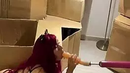 moaning wildly from sex machine deepthroating huge dildo cat girl fetish