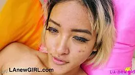 Gorgeous naked asian milf model spreads for close-up pussy massage teasing her horny petite body!