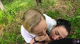 amateur ffm threesome slurps huge cocks outdoors with sloppy mouthful cum