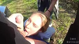 Perverted wife forces friend to slurp cock and swallow cum facials outdoors