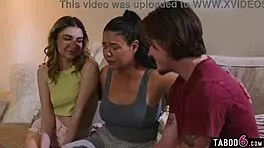 petite milf comforts scared young lovers with group intimacy