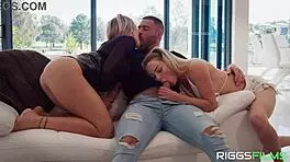 Naughty Blonde Steps into Wild Threesome Ending with Explosive Facial