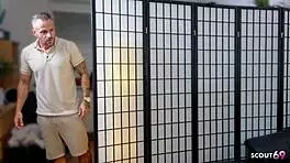 blonde german girl caught masturbating seduces guy for rough fuck and massive belly cum