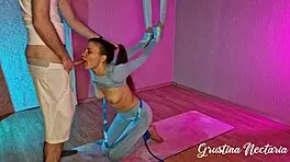 yoga babe tied upside down for rough mouth pounding