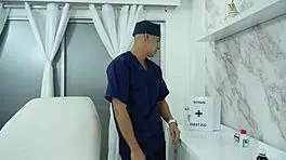 Naughty gynecologist aide pounds hot Latina patient's wet shaved pussy hard