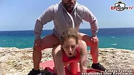 german amateur teen tries risky outdoor public sex on holiday...