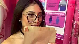 Petite Mexican beauty explores sex shop toys barefoot