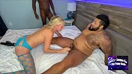 Bella bare crams two monster bbcs deep in double vaginal penetration bareback in steamy interracial double feature