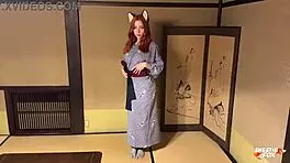 Busty kitsune passionately fucked bent over doggystyle onsen creampie