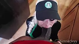 busty barista drenches bbc with squirts then gulps cum on shift