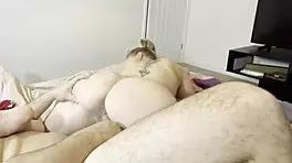 blonde big tits babe jumps on huge dick after ball lick