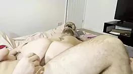 blonde big tits babe jumps on huge dick after ball lick